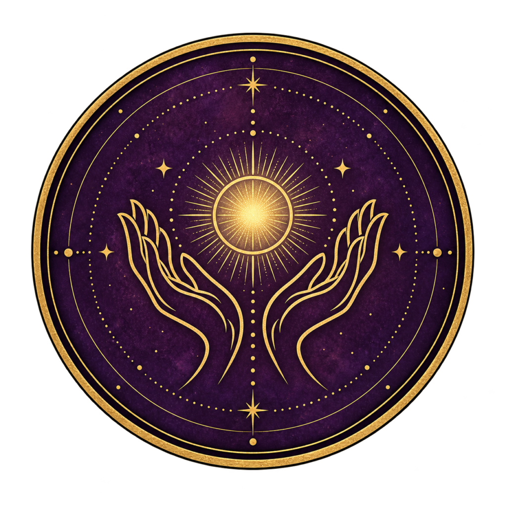 Gouden Reiki-handen rond een stralende energiebal